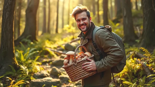 Un hombre lleva setas en bosque sereno