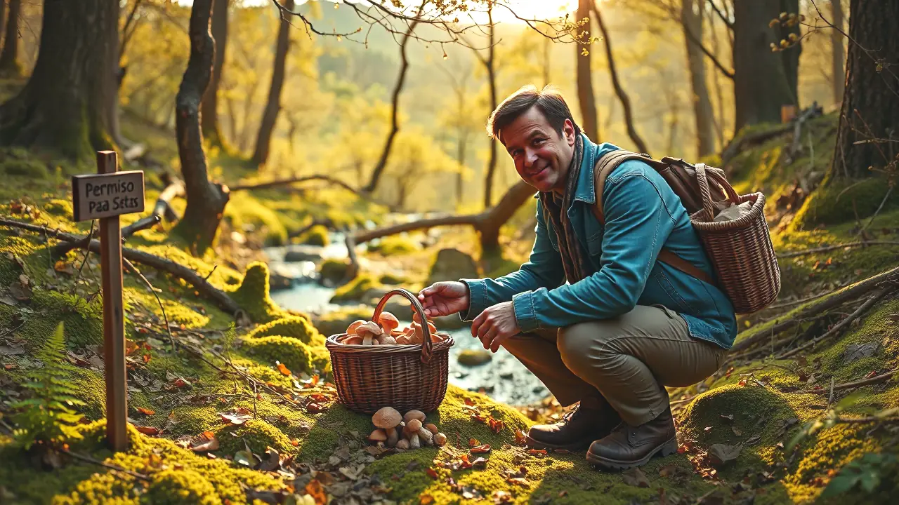 Un hombre español recoge setas en bosque otoñal