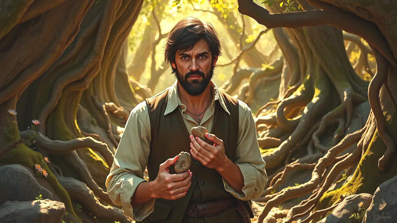 Un hombre español robusto sostiene una piedra preciosa en bosque antiguo