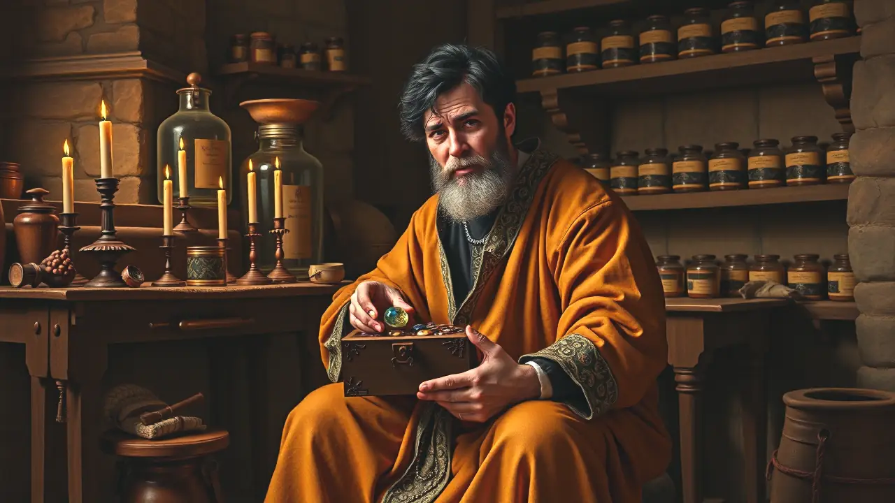 Un anciano español examina un bezoar en su taller