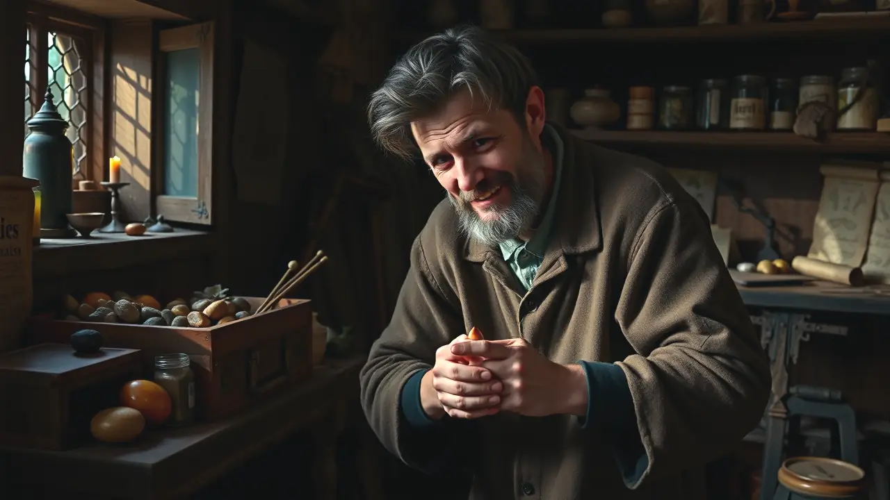 Un hombre renacentista examina un tesoro en sombras