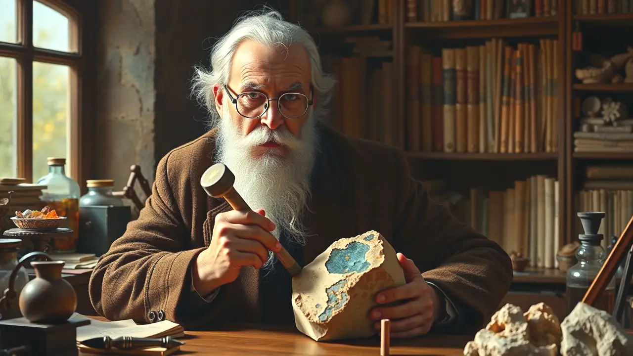 Un anciano erudito examina una piedra preciosa