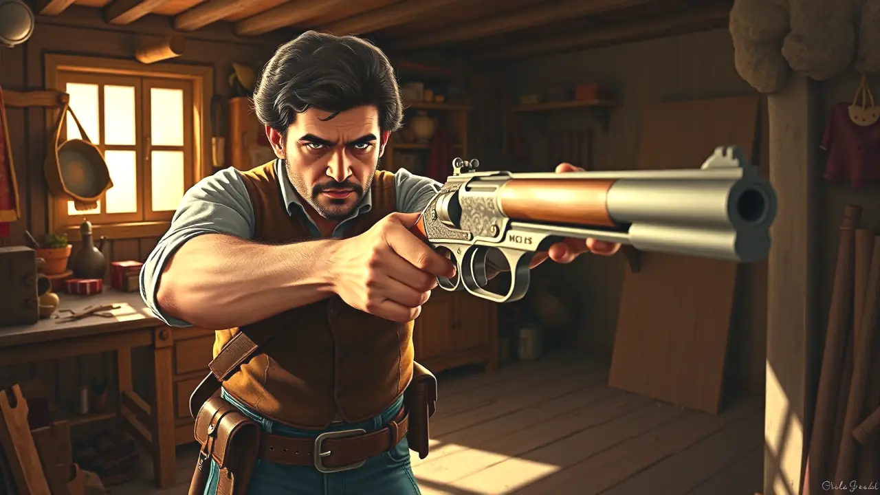 Un español robusto apunta con ballesta en taller