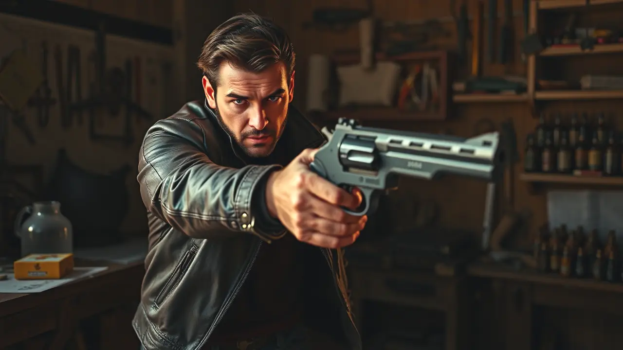 Un hombre robusto apunta con ballesta en luz dramática