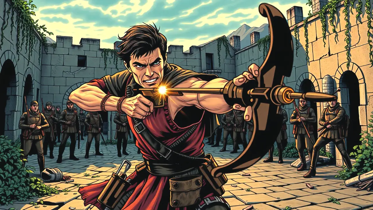 Un guerrero español dispara en ruinas dramáticas