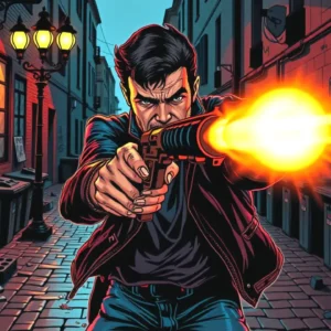 Un español robusto dispara en una calle oscura