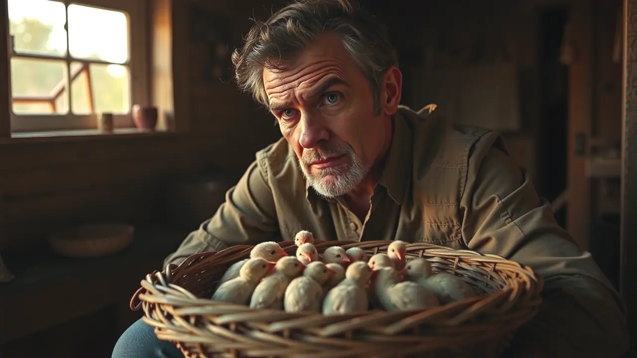 Polluelo Perdiz: Guía para Aumentar la Supervivencia del Pollo Perdiz 2 Un hombre preocupado cuida pollitos en la luz dorada