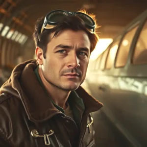 Piloto español vintage en hangar nostálgico
