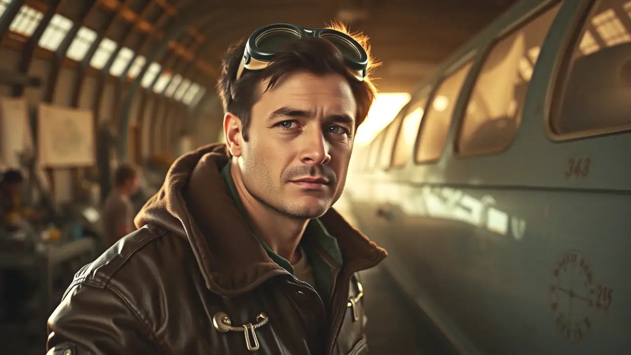 Piloto español vintage en hangar nostálgico