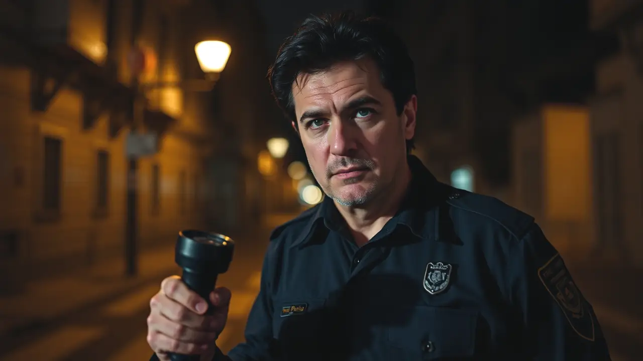 Un hombre serio examina la noche policial