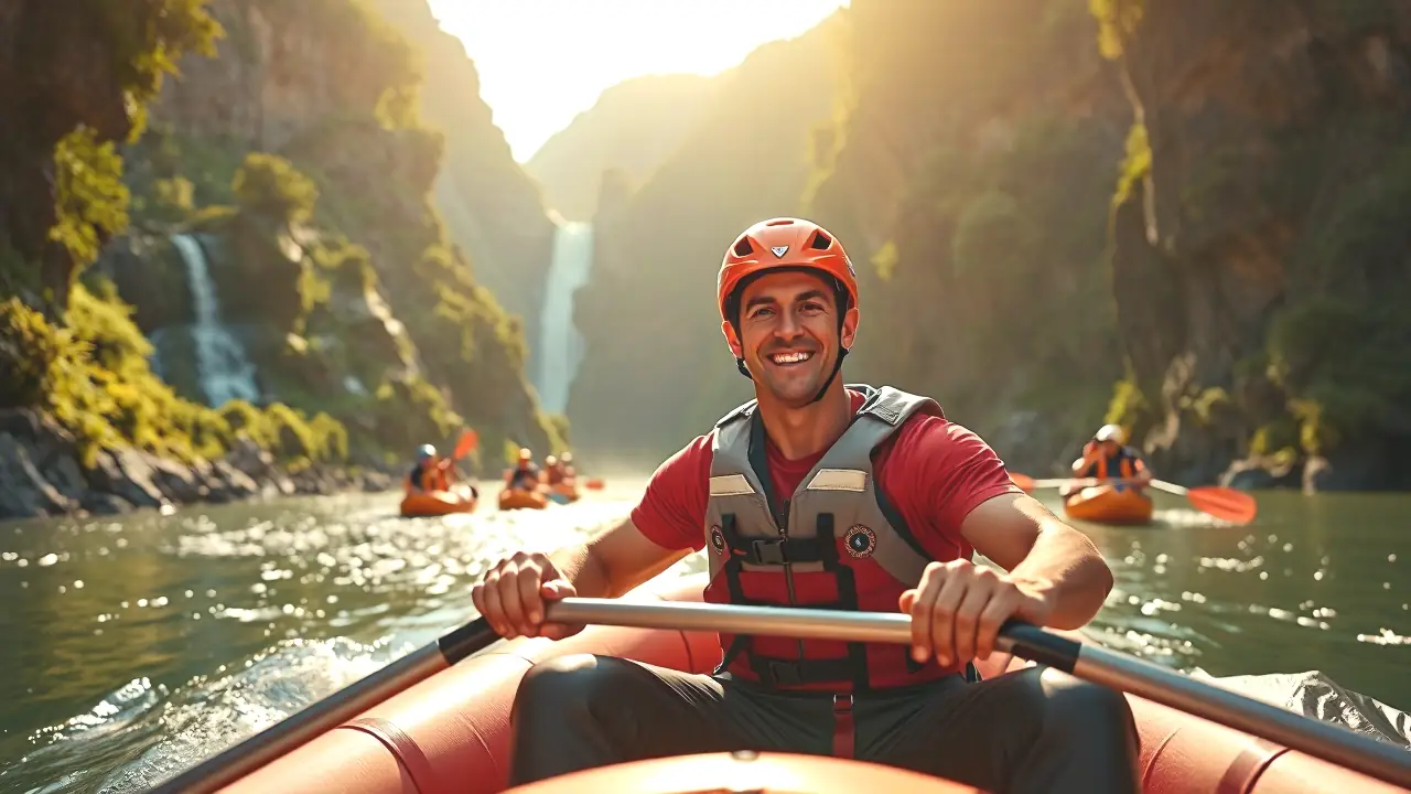 Un hombre atlético disfruta rafting en un río