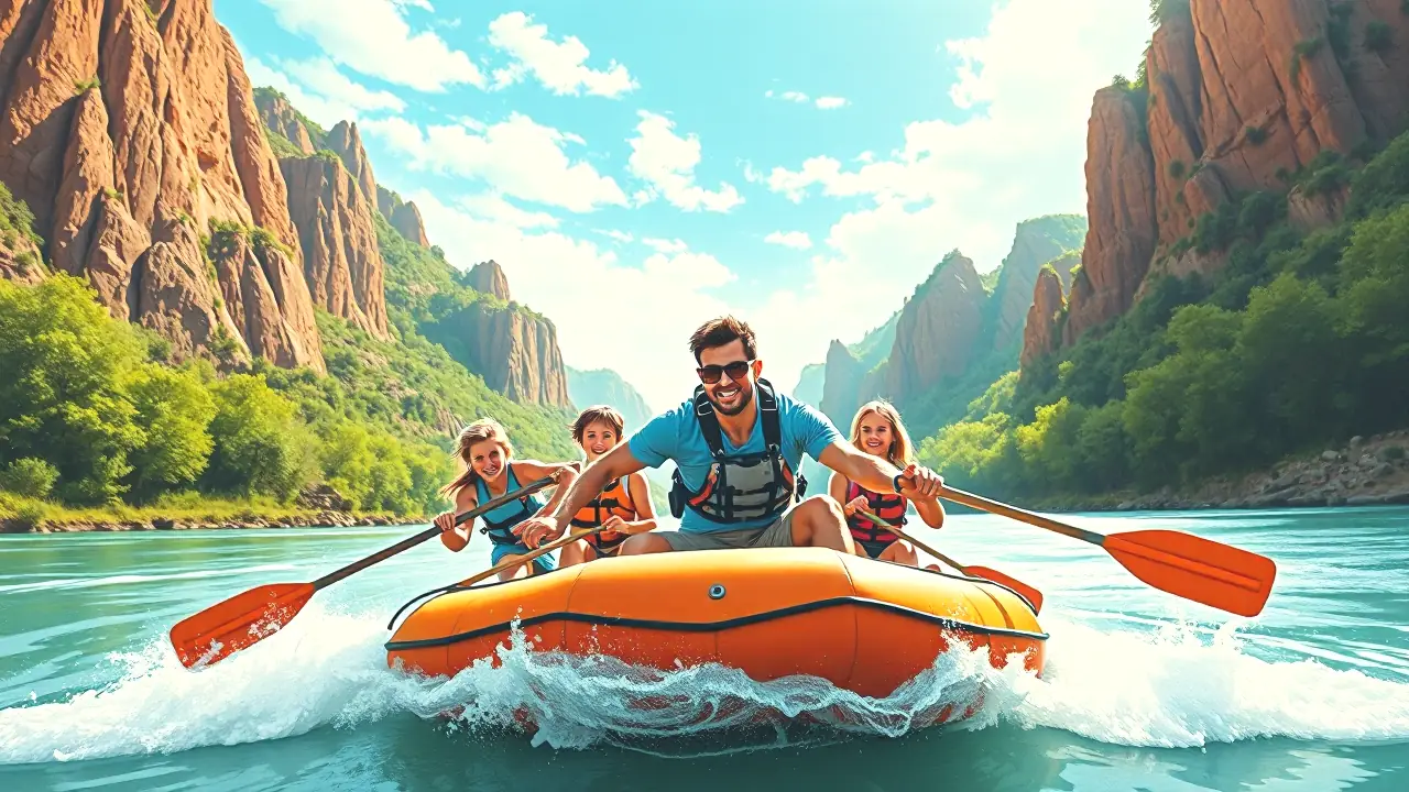 Una familia aventurera remando en un río