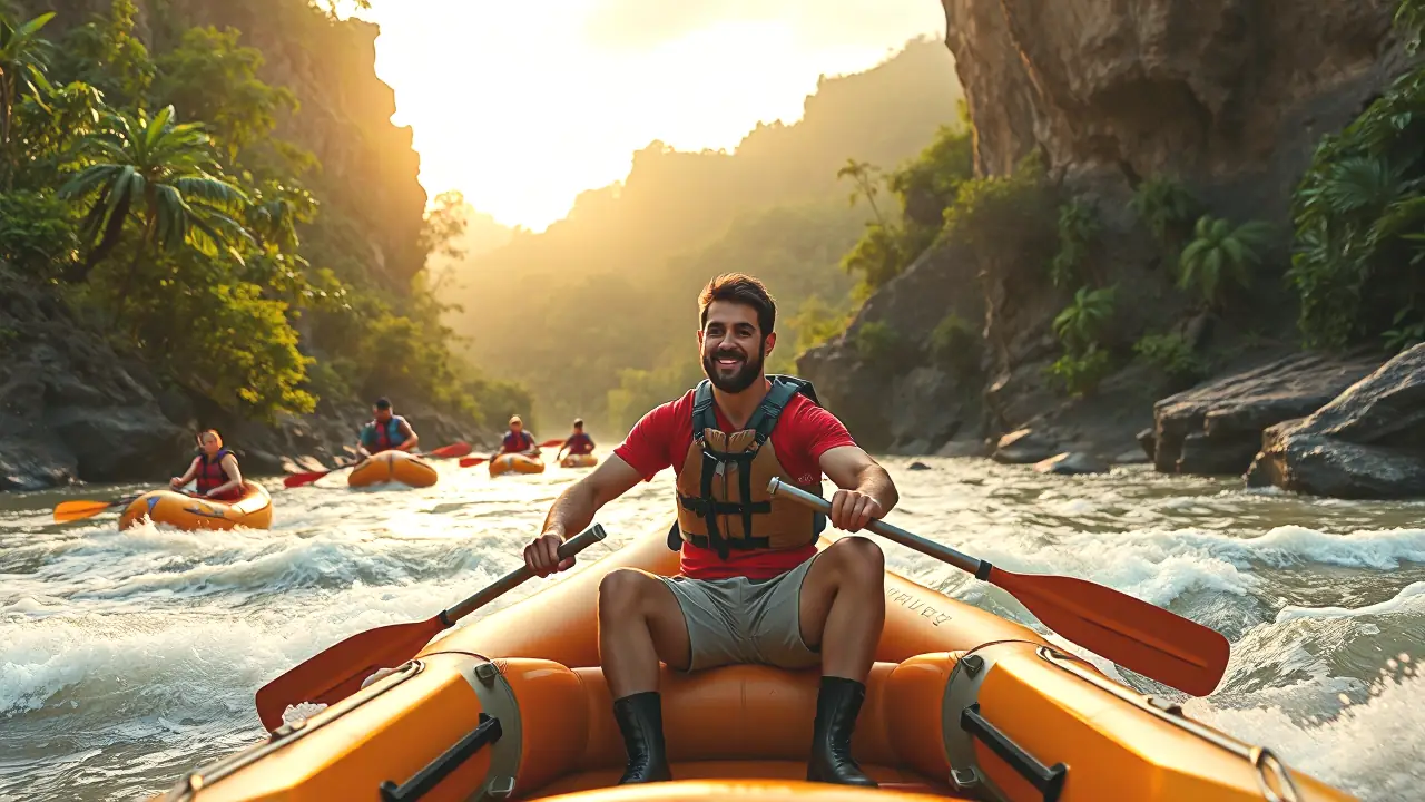 Un hombre atlético disfruta la aventura fluvial