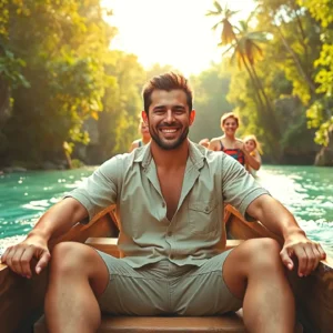 Un hombre sonriente disfruta aventura en río