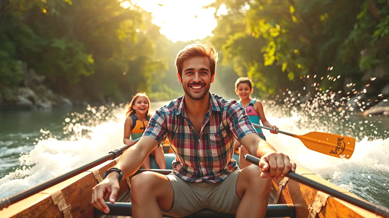 Un hombre sonriente remo en familia