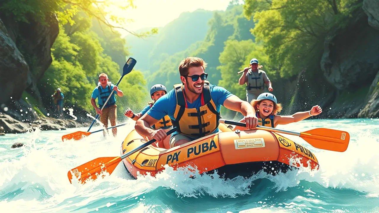 Un hombre atlético y su familia reman en un río salvaje
