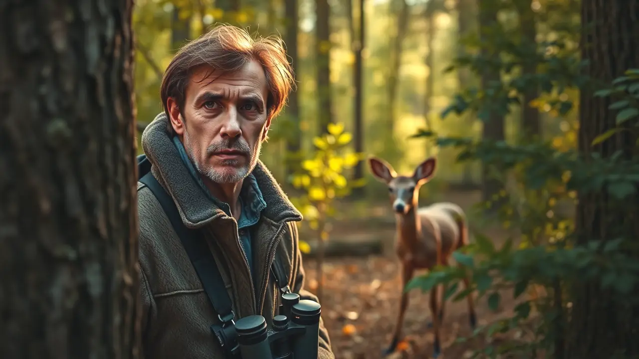 Un hombre observa un ciervo en bosque