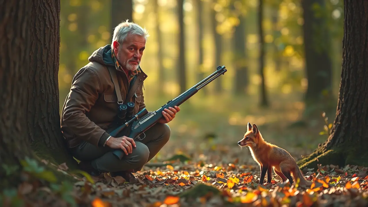 Un cazador contempla a una zorra en bosque
