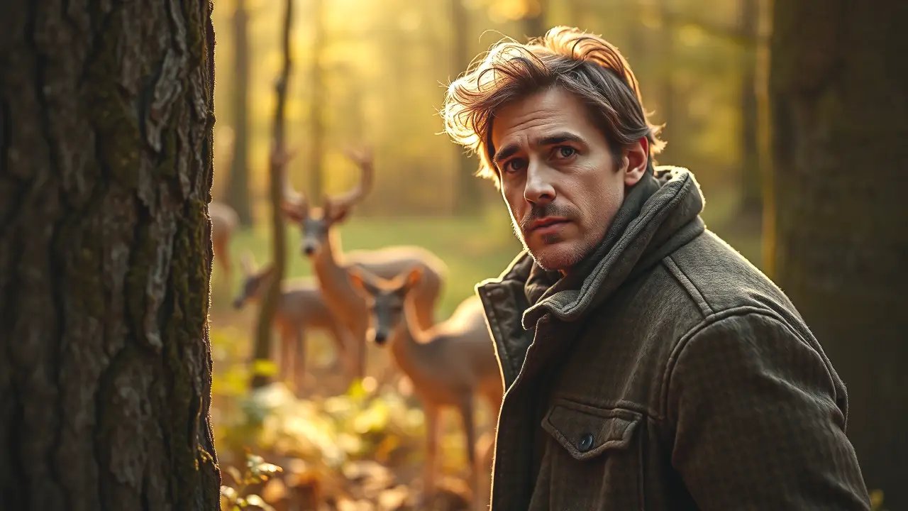 Un hombre robusto observa un ciervo en bosque