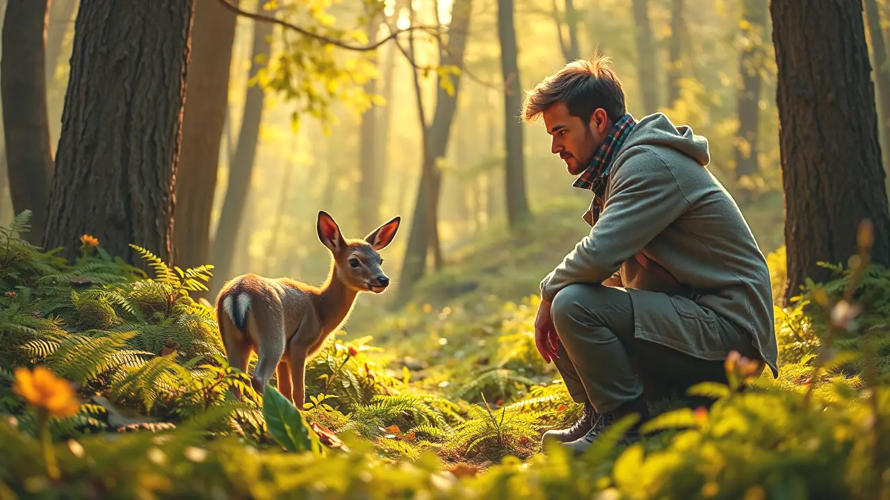Un hombre observa ciervos en bosque dorado
