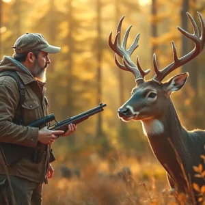 Cazador contempla ciervo en bosque dorado