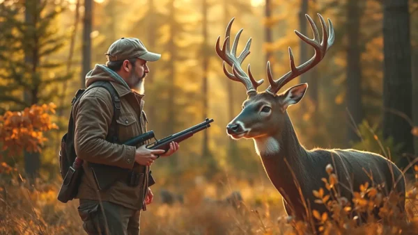 Cazador contempla ciervo en bosque dorado