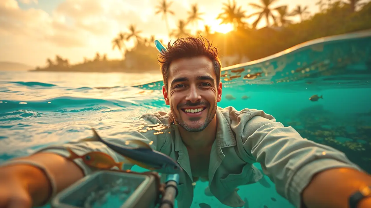 Un hombre disfruta snorkel en paraíso tropical