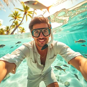 Un hombre disfruta snorkel en paraíso tropical