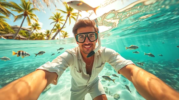 Un hombre disfruta snorkel en paraíso tropical