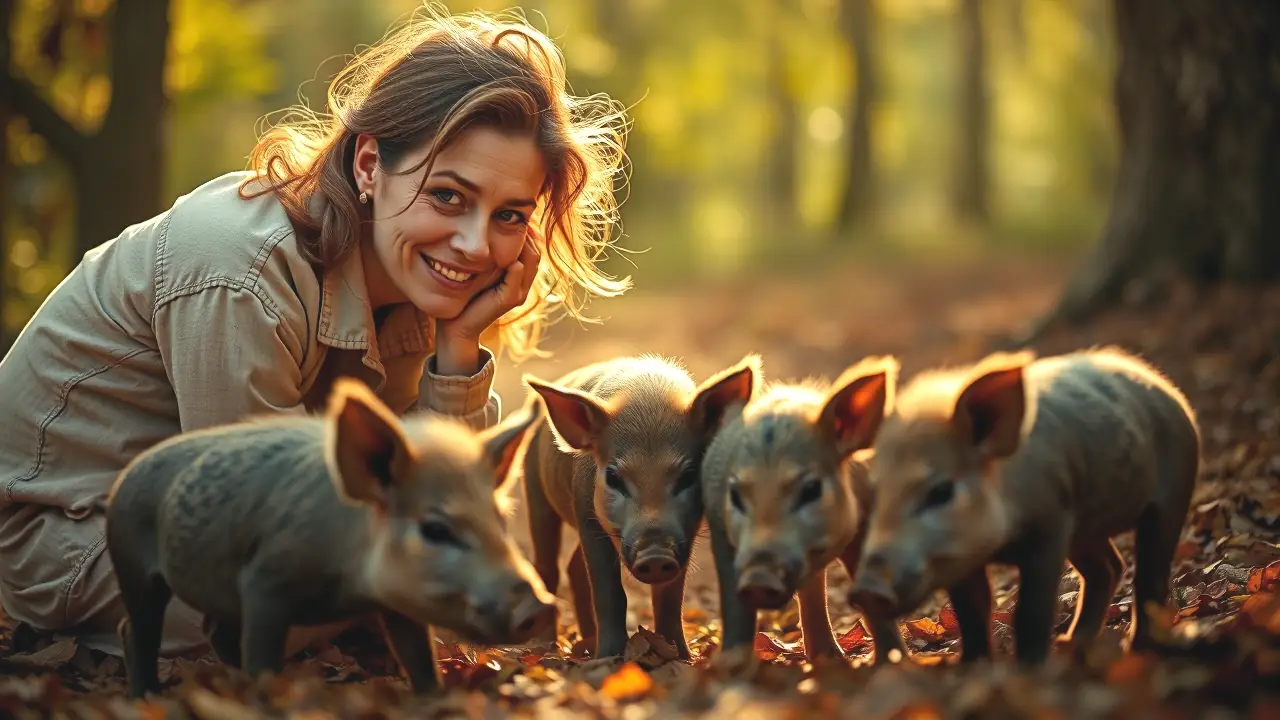 Rayones jabalíes: Comunicación secreta entre madre e hijos 5 Una mujer española observa cerdos ibéricos en bosque