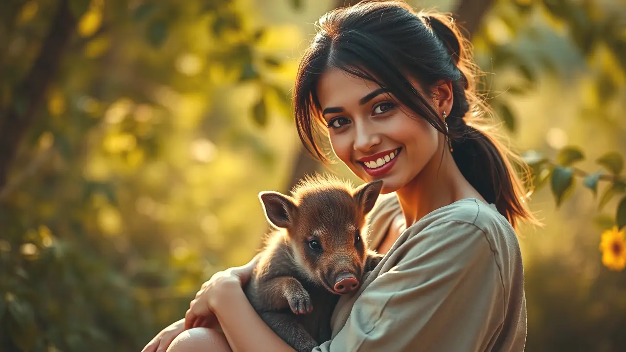 Rayones jabalíes: Comunicación secreta entre madre e hijos 6 Una mujer española suavemente abraza a su hijo jabalí