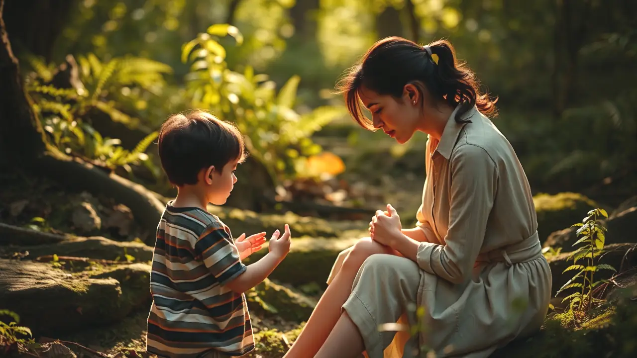 Rayones jabalíes: Comunicación secreta entre madre e hijos 4 Mujer observa niño en bosque melancólico