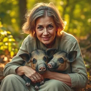 Una mujer española maternal abraza cerdos ibéricos en bosque