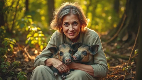Rayones jabalíes: Comunicación secreta entre madre e hijos 1 Una mujer española maternal abraza cerdos ibéricos en bosque