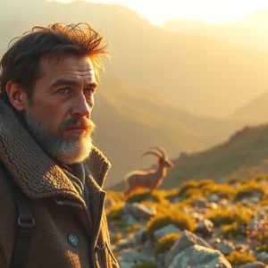 Un hombre robusto observa ibex en montaña