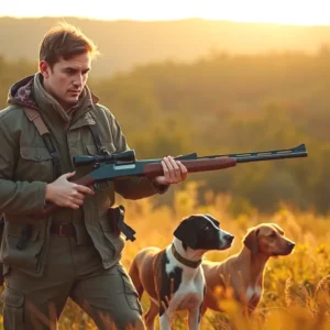 Un cazador español observa aves en la sierra