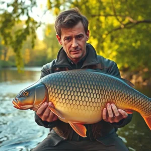 Un hombre robusto captura un pez en la naturaleza