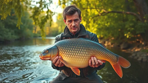 Un hombre robusto captura un pez en la naturaleza