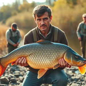 Carpa Mas Grande de España: ¡Posible Record en Orellana! 15 Un pescador serio sostiene un gran cardumen en la orilla del río