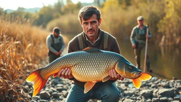 Un pescador serio sostiene un gran cardumen en la orilla del río