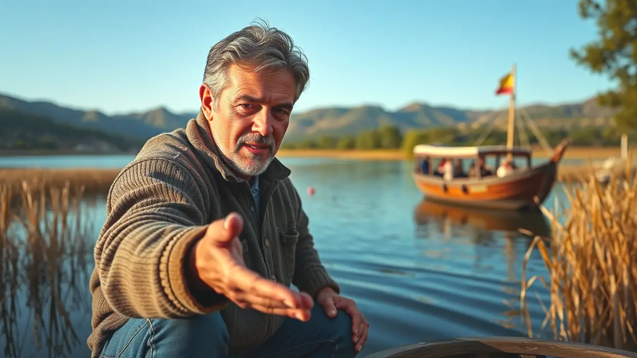 Un hombre pensativo pesca en la España rural