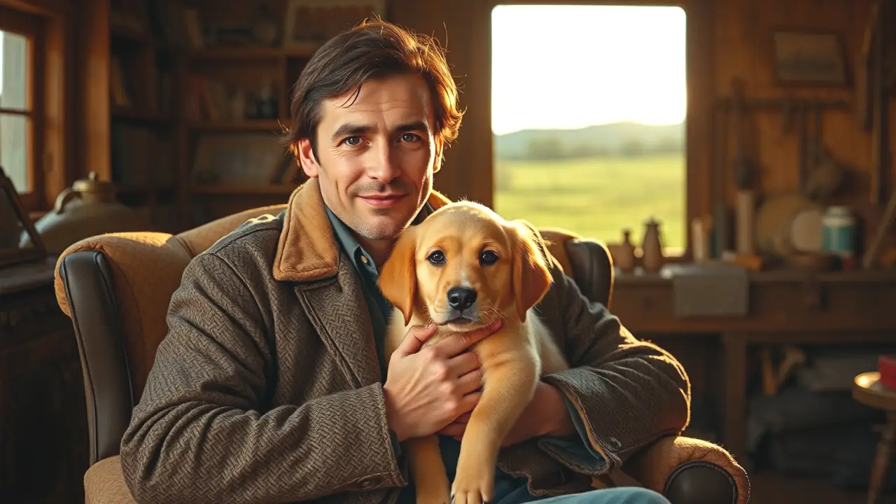 Un hombre amable contempla su cachorro en casa