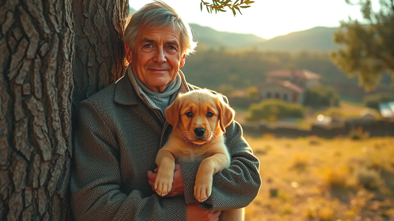 Un hombre español contempla su cachorro en la luz dorada