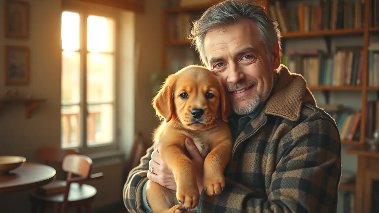 Un hombre español amable sostiene un cachorro