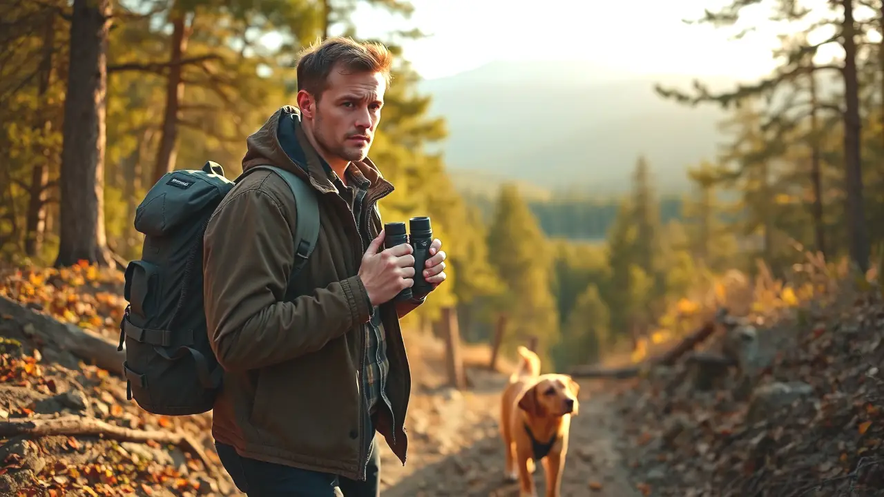 Un hombre español robusto observa la naturaleza en pinar