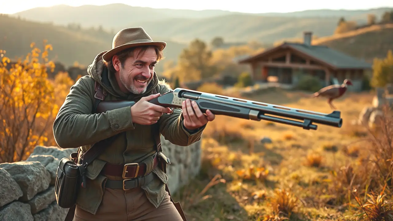 Un cazador español contempla el pájaro en la naturaleza