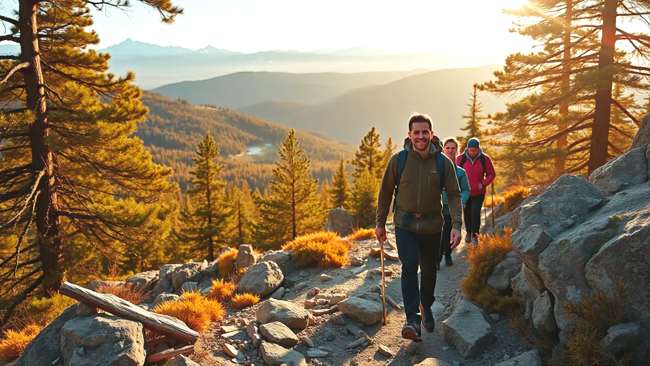 Un hombre atlético guía a excursionistas en la montaña
