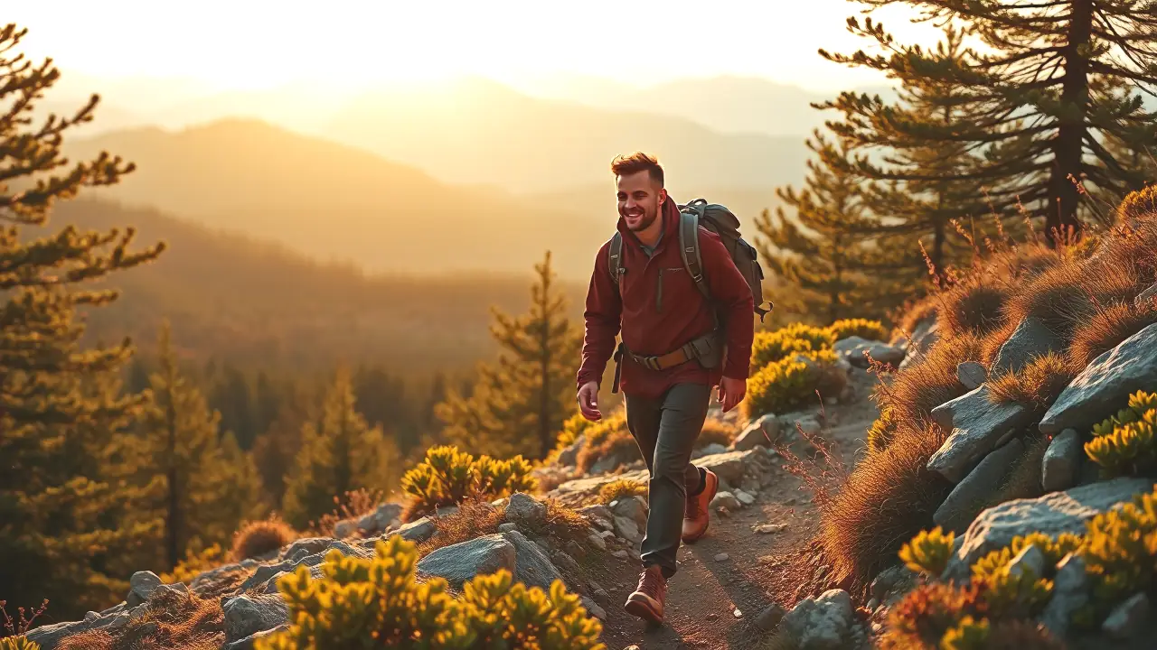 Un hombre atlético camina en la montaña