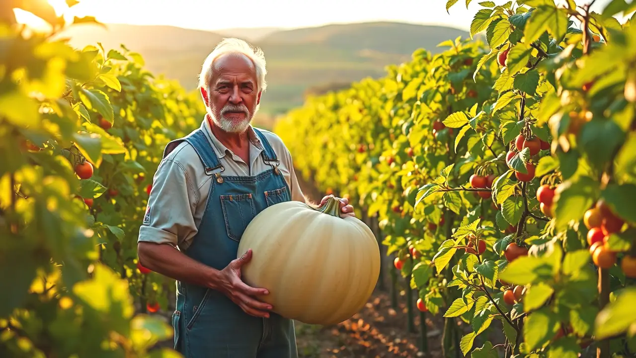 Un hombre español amable cosecha calabaza en la huerta