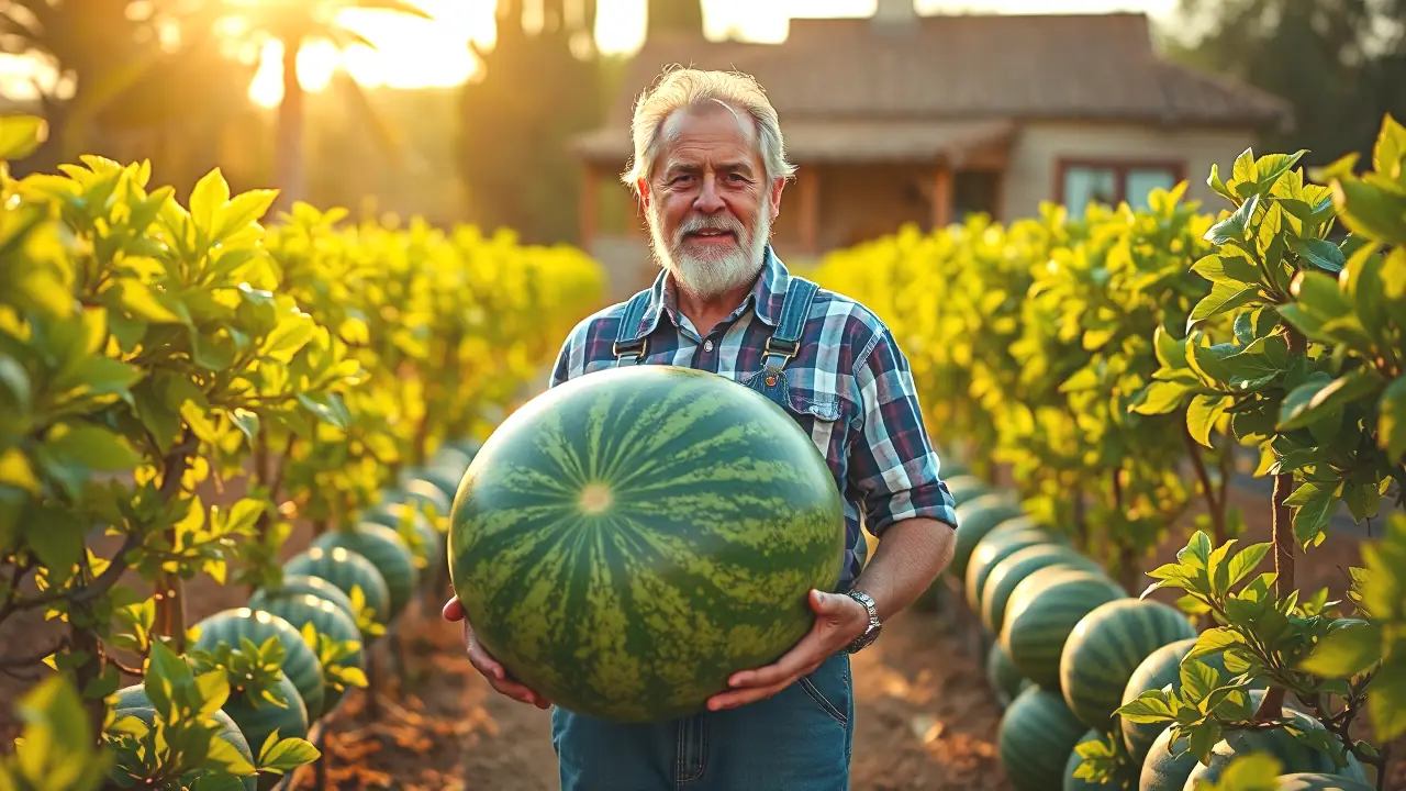 Un agricultor orgulloso sostiene una sandía gigante